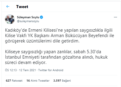 Süleyman Soylu'dan kiliseye yapılan saygısızlık hakkında açıklama - Resim : 1