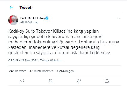 Diyanet İşleri Başkanı Ali Erbaş'tan Surp Takavor Kilisesi'ne yapılan saygısızlık hakkında ilk açıklama - Resim : 1