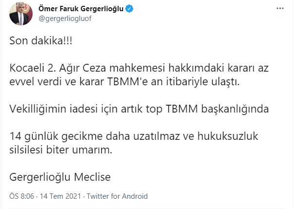 Ömer Faruk Gergerlioğlu'nun vekilliğinin iadesi hakkında sıcak gelişme! - Resim : 1