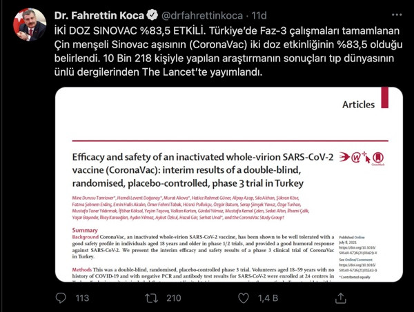 Fahrettin Koca Sinovac aşısının etkililik oranını açıkladı - Resim : 1