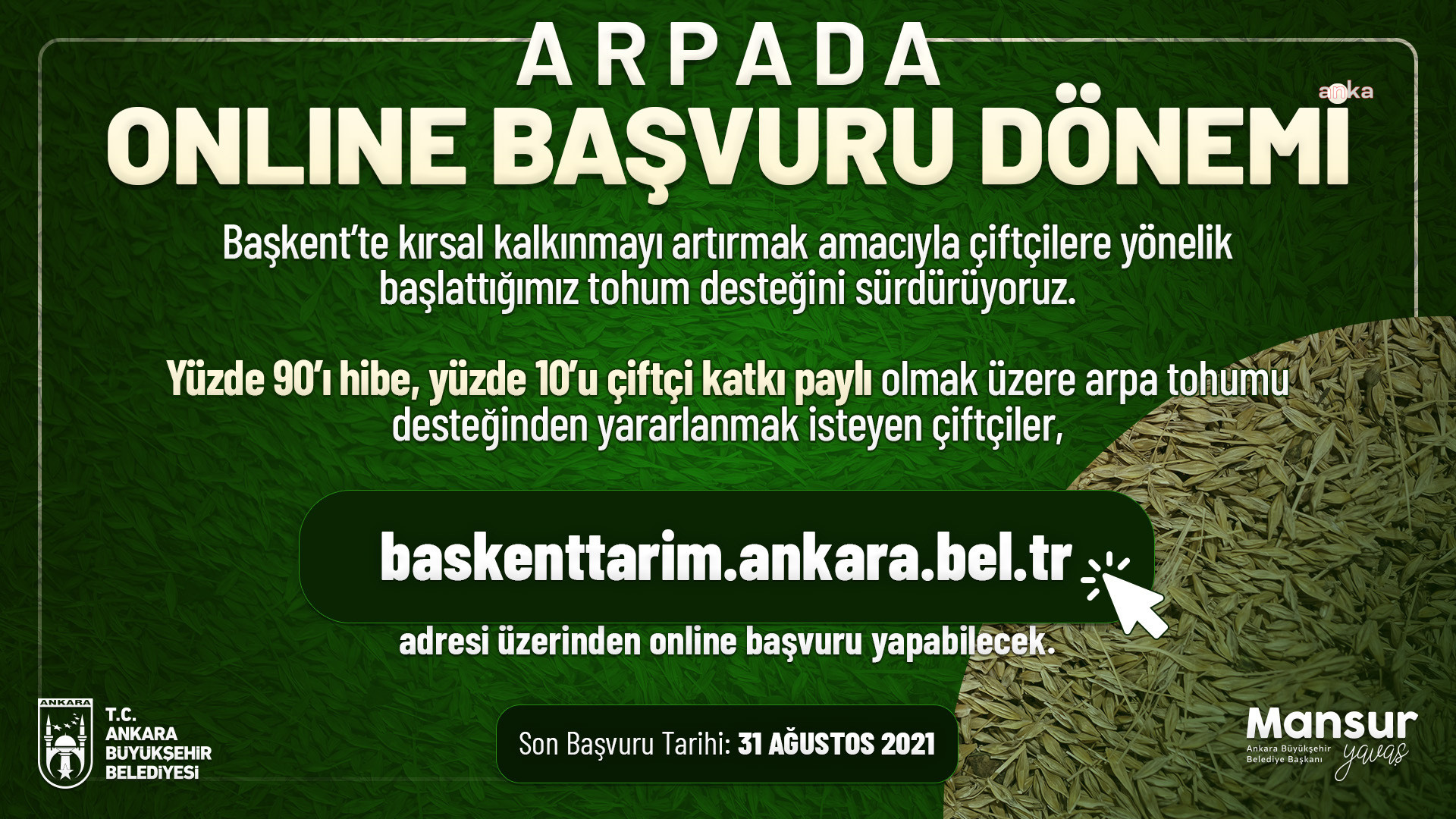 Ankara Büyükşehir Belediyesi, Arpa tohumu desteği için online başvuru sürecini başlattı - Resim : 1