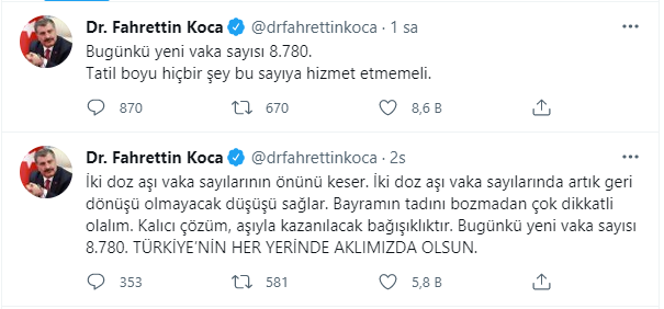 Günlük vaka sayısının 9 bine dayanması sonrası Fahrettin Koca'dan zorunlu açıklama - Resim : 1