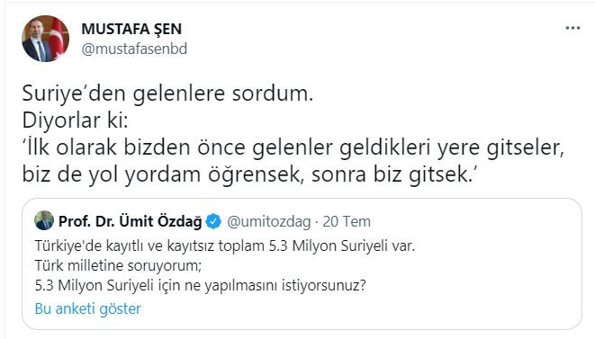 AKP'li Mustafa Şen'den skandal paylaşım: Türkiye'den Suriyelilerin değil Türklerin gitmesini önerdi! - Resim : 1