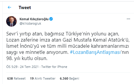 Kemal Kılıçdaroğlu'ndan Lozan mesajı: Sevr’i yırtıp atan, bağımsız Türkiye’nin yolunu açan... - Resim : 1