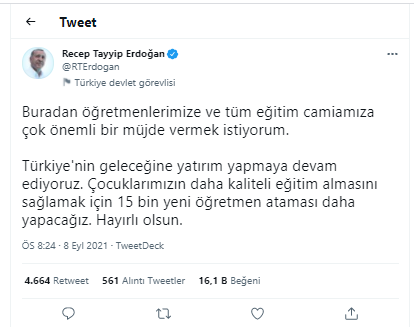 Erdoğan duyurdu! 15 bin öğretmen ataması yapılacak - Resim : 1