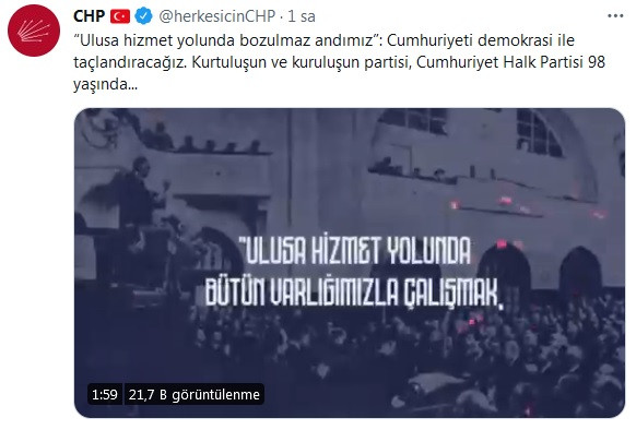 CHP'den 98. kuruluş yıl dönümünü paylaşımı: 'Cumhuriyeti demokrasi ile taçlandıracağız' - Resim : 1