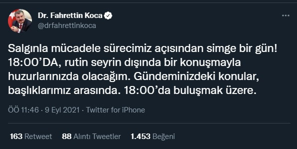 Fahrettin Koca açıklama yapacak: Rutin seyrin dışında bir konuşmayla huzurlarınızda olacağım - Resim : 1