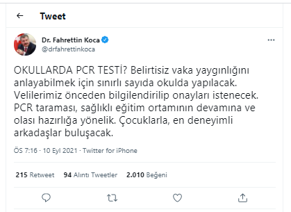 Sağlık Bakanı Fahrettin Koca'dan okullarda PCR taraması hakkında açıklama - Resim : 1