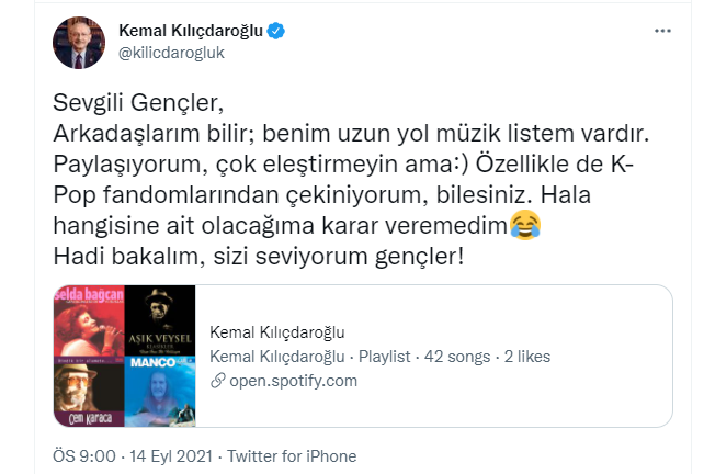 'Sizi seviyorum gençler' notuyla paylaştı: İşte Kılıçdaroğlu'nun uzun yol müzik listesi - Resim : 1