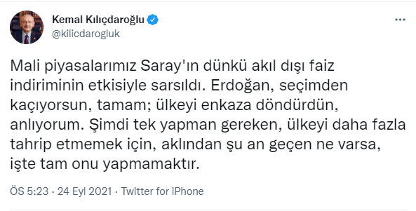 Kılıçdaroğlu'ndan Erdoğan'a bir faiz tepkisi daha: 'Şimdi tek yapman gereken...' - Resim : 1