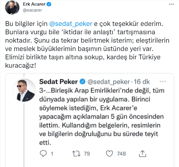 Faruk Bildirici'ye yanıt vermişti: Erk Acarer'den Sedat Peker paylaşımı - Resim : 1