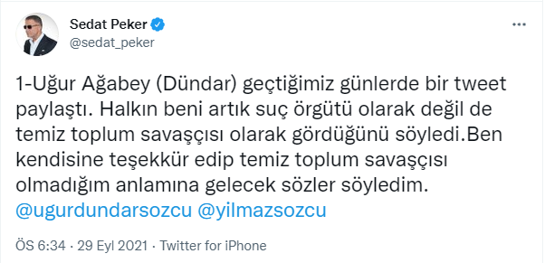 Sedat Peker'den Uğur Dündar'ın açıklamalarına yanıt: 'Örnek alınacak bir insan değilim' - Resim : 1