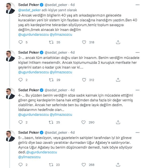 Sedat Peker'den Uğur Dündar'ın açıklamalarına yanıt: 'Örnek alınacak bir insan değilim' - Resim : 2