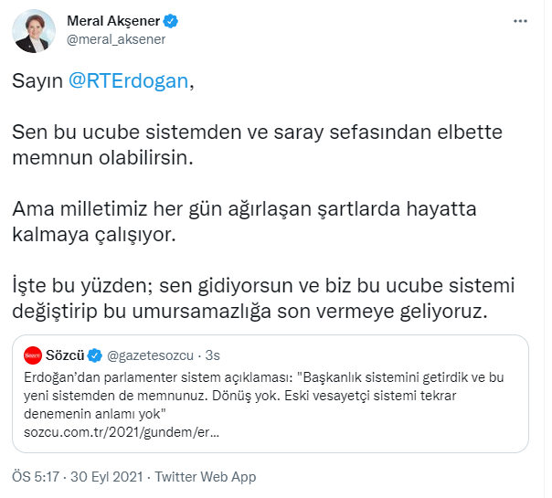 'Başkanlık sisteminden memnunuz' diyen Erdoğan'a Akşener'den jet yanıt! - Resim : 1