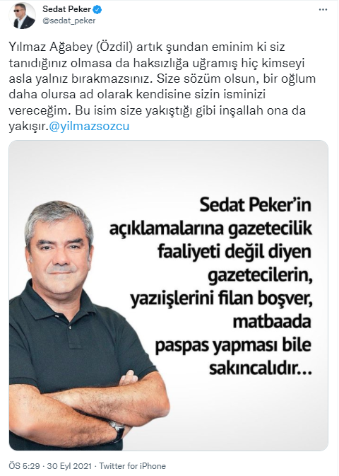 Sedat Peker'den Yılmaz Özdil paylaşımı! 'Size sözüm olsun...' - Resim : 1