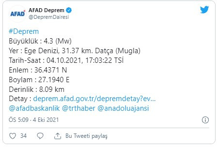 Muğla Datça açıklarında deprem: AFAD büyüklüğünü açıkladı - Resim : 1