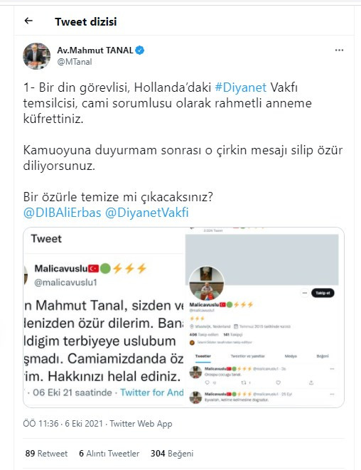 Sosyal medyada paylaşılınca özür diledi: Diyanet Vakfı görevlisinden Mahmut Tanal'a küfür - Resim : 1