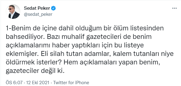 Sedat Peker'den 'ölüm listesi' çıkışı: 'Benimle birlikte bazı muhalif gazeteciler de yer alıyor' - Resim : 1