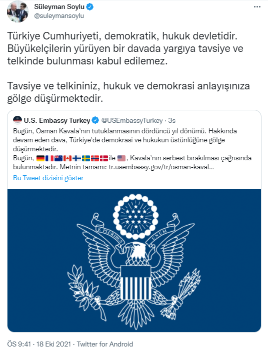 10 büyükelçinin 'Osman Kavala' çağrısına ilişkin AKP'den ilk açıklama Soylu'dan geldi: 'Kabul edilemez' - Resim : 2