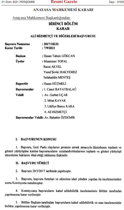 Gezi Parkı davası hakkında Anayasa Mahkemesi'nden karar - Resim : 1