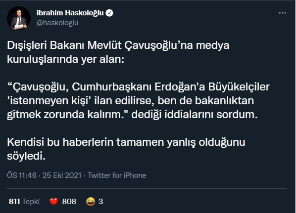 'Büyükelçiler 'istenmeyen kişi' ilan edilirse, ben de bakanlıktan gitmek zorunda kalırım' dediği iddia edilmişti: Çavuşoğlu'ndan açıklama - Resim : 1