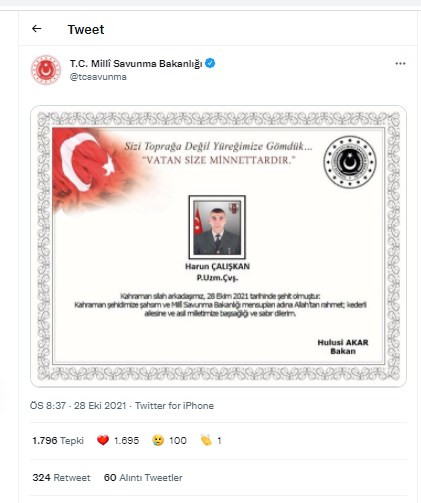 Acı haberi bakanlık duyurdu: Pençe Yıldırım Operasyon Bölgesi'nde bir asker şehit oldu - Resim : 1