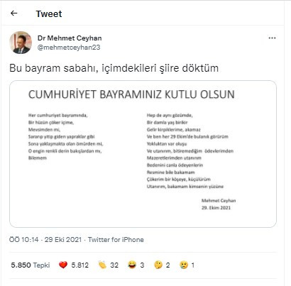 Prof. Dr. Mehmet Ceyhan, 29 Ekim için yazdığı şiiri paylaştı: Çökerim bir köşeye, küçülürüm, utanırım... - Resim : 1