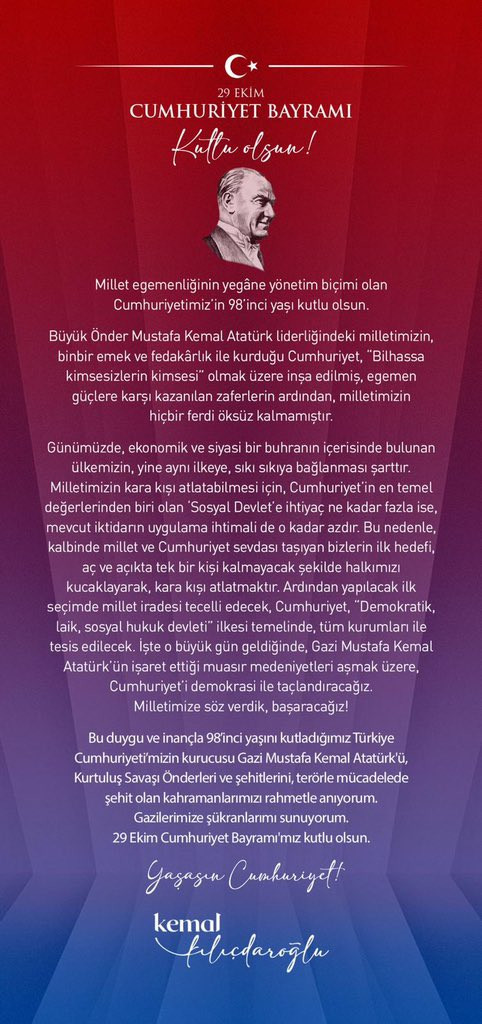 Kılıçdaroğlu'ndan 29 Ekim açıklaması: 'Cumhuriyet'i demokrasi ile taçlandıracağız' - Resim : 1