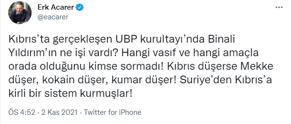 Erk Acarer'den gündemi sarsacak tweet: 'Binali Yıldırım'ın KKTC'deki kurultayda ne işi vardı?' - Resim : 1