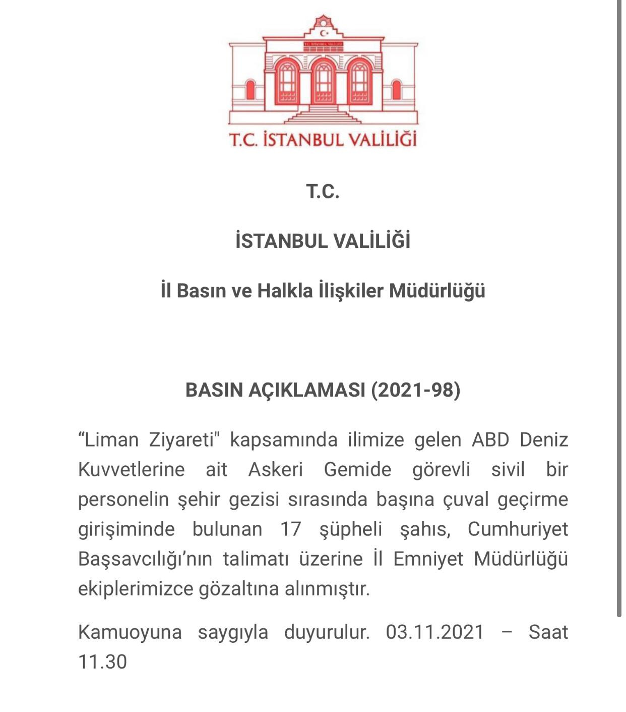 İstanbul Valiliği'nden ABD'li personelin başına çuval geçirilmesi hakkında açıklama - Resim : 1