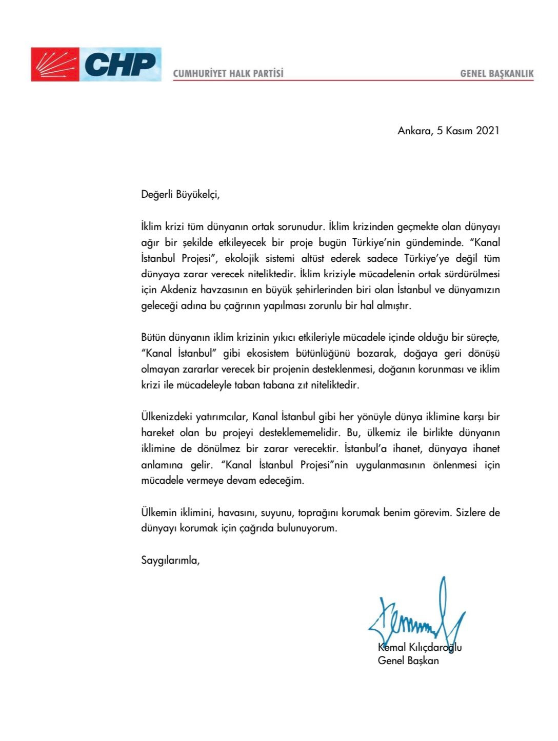 Kılıçdaroğlu'ndan tüm büyükelçilere 'Kanal İstanbul' mektubu! - Resim : 1