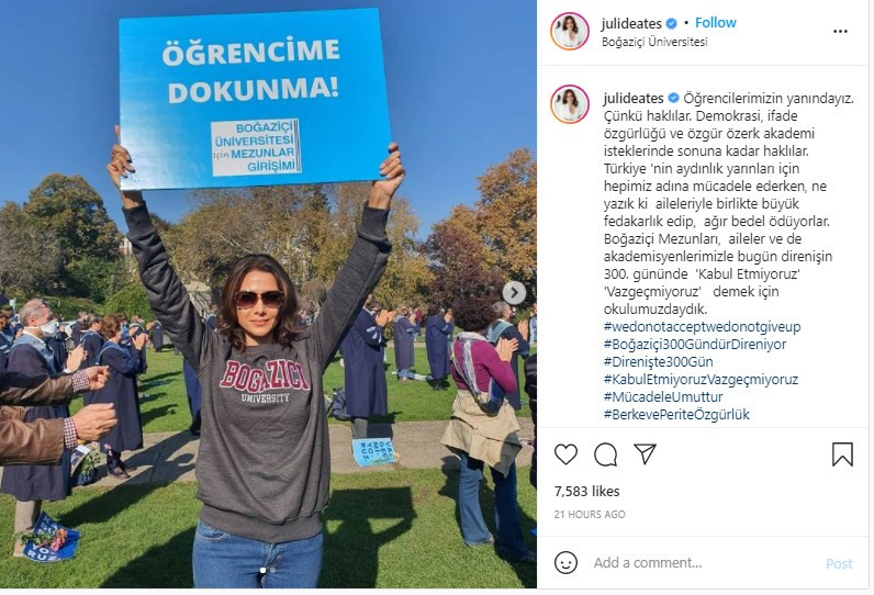 Ünlü sunucu Jülide Ateş'ten Boğaziçi Üniversitesi öğrencilerinin direnişine destek - Resim : 1