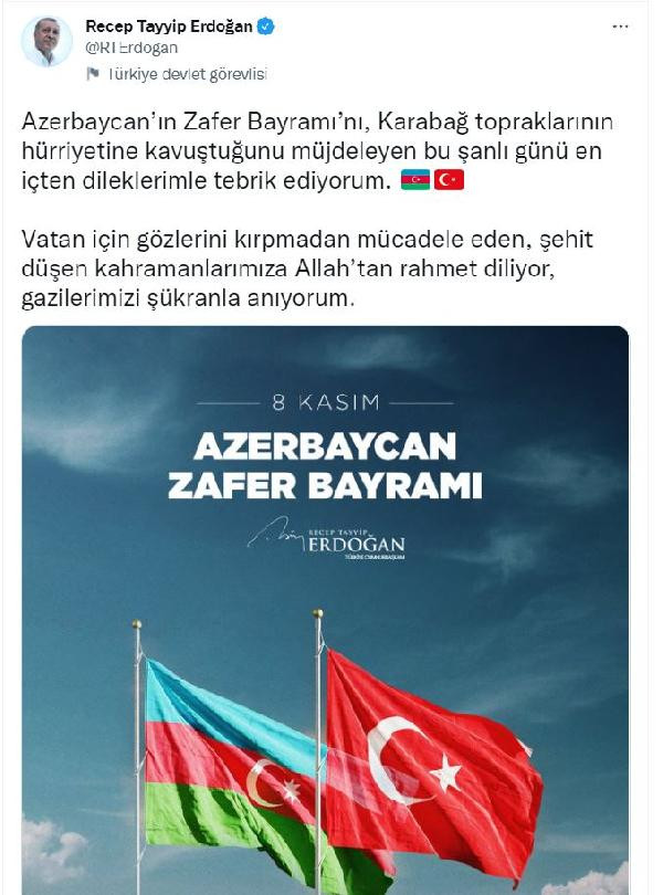 Erdoğan'dan Azerbaycan Zafer Bayramı mesajı - Resim : 1