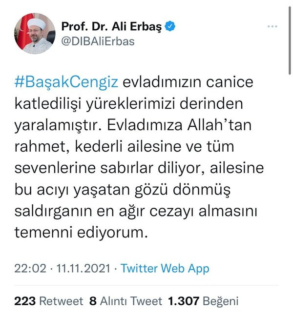 Ali Erbaş'tan Başak Cengiz açıklaması: Katilin en ağır cezayı almasını temenni ediyorum - Resim : 1