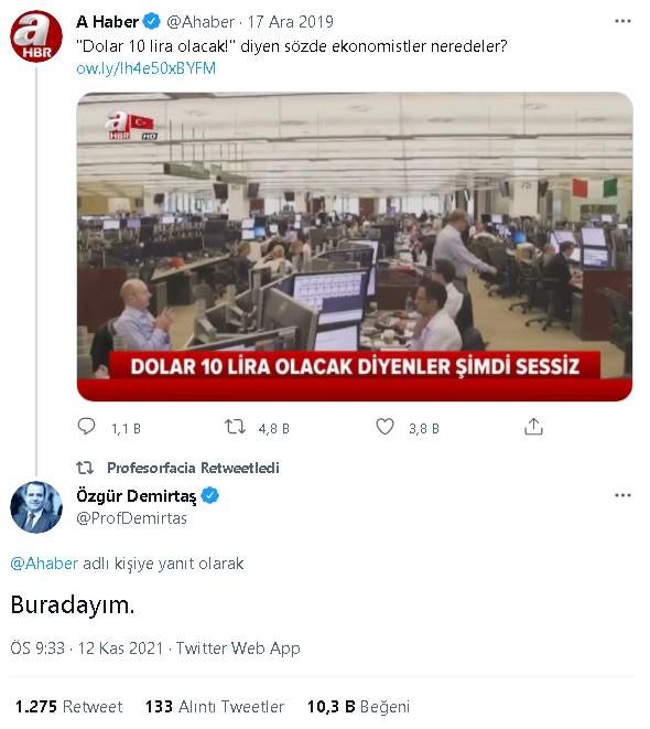 ''Dolar 10 lira olacak!' diyen sözde ekonomistler neredeler?'' diye soran A Haber'e, Özgür Demirtaş'tan yanıt! - Resim : 1