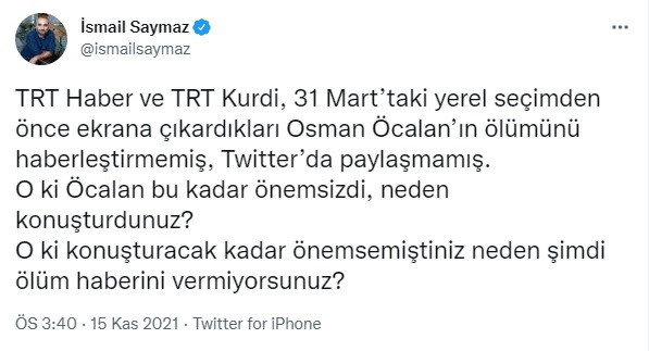 İsmail Saymaz'dan TRT'ye 'Osman Öcalan' tepkisi - Resim : 1