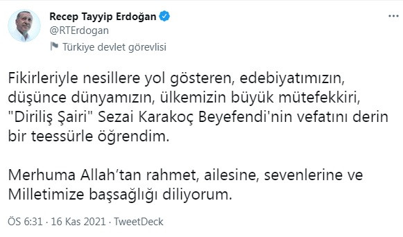 Erdoğan'dan Sezai Karakoç'un vefatının ardından taziye mesajı - Resim : 1