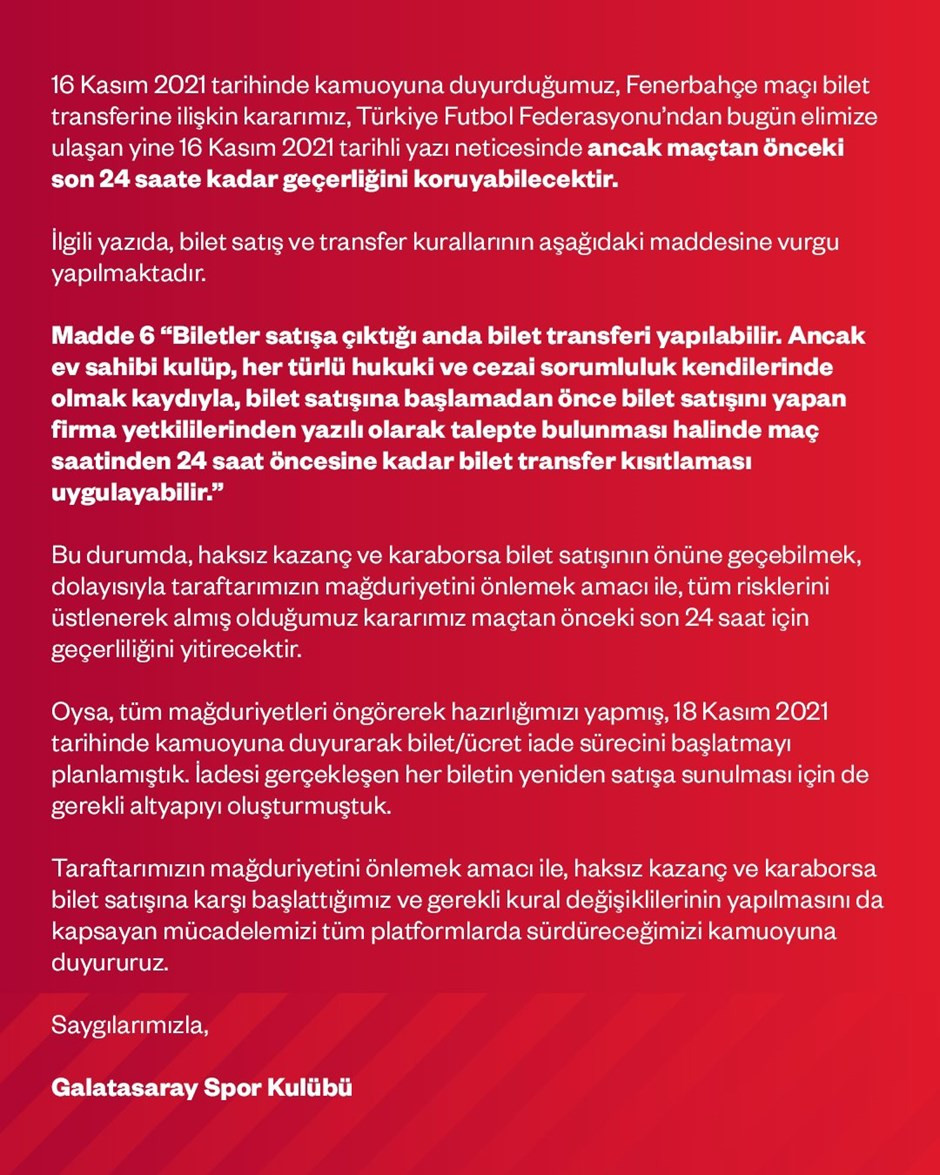 Galatasaray'dan Fenerbahçe derbisi biletleriyle ilgili yeni açıklama - Resim : 1