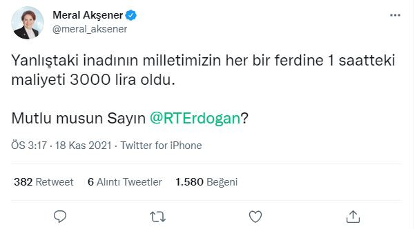 Meral Akşener, 1 saatlik maliyeti açıklayarak sordu: Mutlu musun Sayın Erdoğan? - Resim : 1