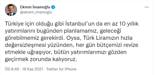 İmamoğlu: 'Türk Liramızın hızla değersizleşmesi yüzünden yatırımlarımızı gözden geçirmek zorunda kalıyoruz' - Resim : 1