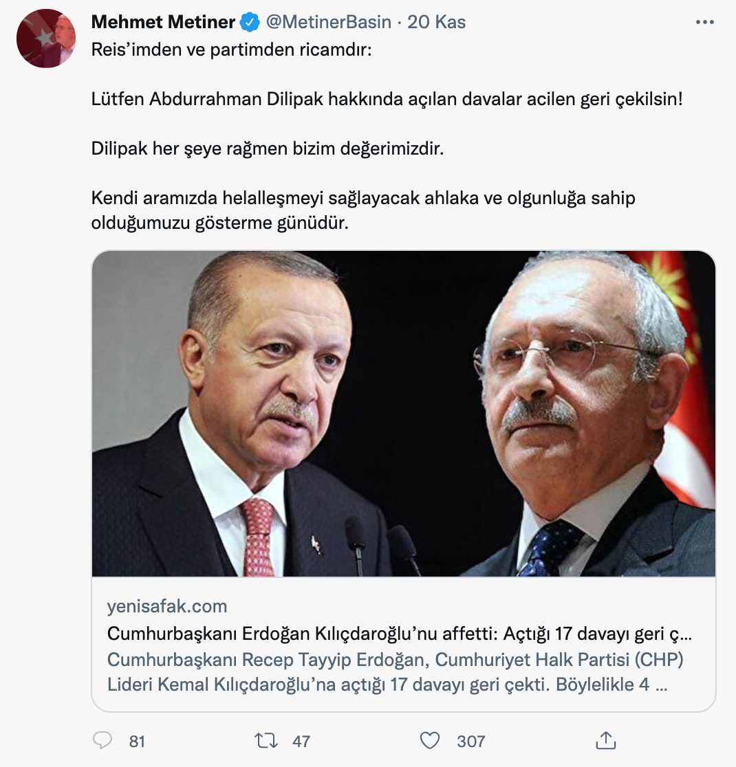 AKP'li Metiner 'Reisimden ve partimden rica ediyorum' dedi, o davaların acilen geri çekilmesini istedi - Resim : 1