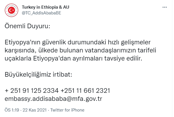 Türkiye'nin Etiyopya Addis Ababa Büyükelçiliği'nden ülkeden ayrılma çağrısı - Resim : 1