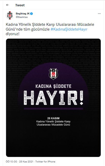 Beşiktaş'tan Kadına Yönelik Şiddete Karşı Uluslararası Mücadele Günü mesajı - Resim : 1