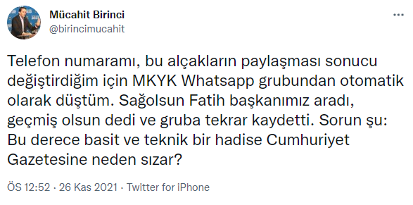 AKP'li yöneticilerin bulunduğu WhatsApp grubundan ayrılan Mücahit Birinci'den açıklama - Resim : 1