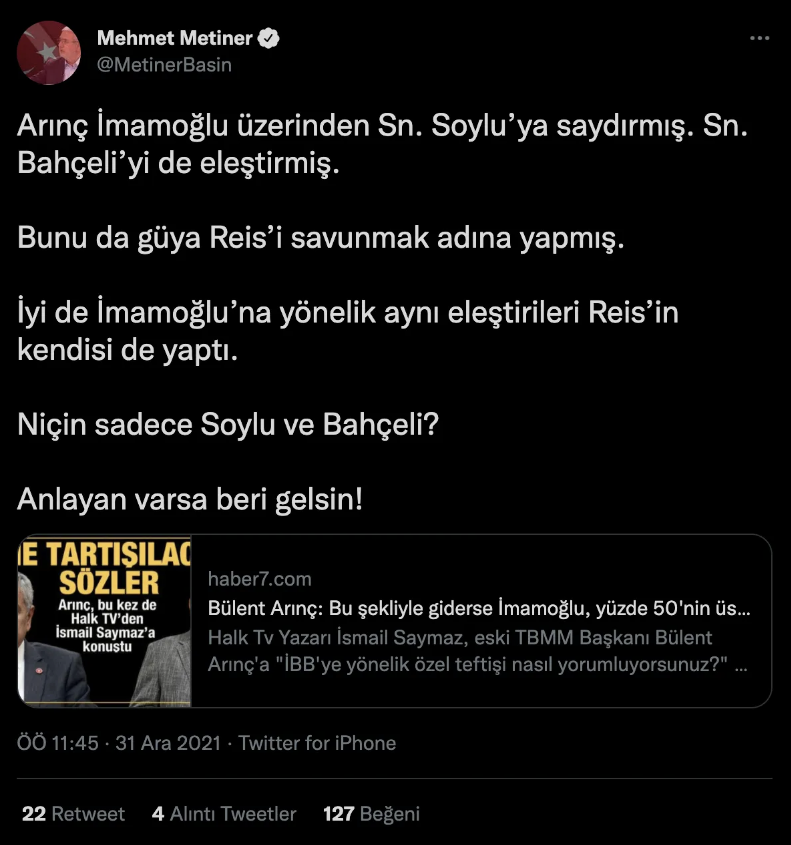 Mehmet Metiner'den Bülent Arınç'a 'Erdoğan' sorusu: Neden sadece Soylu ve Bahçeli dedin? - Resim : 1