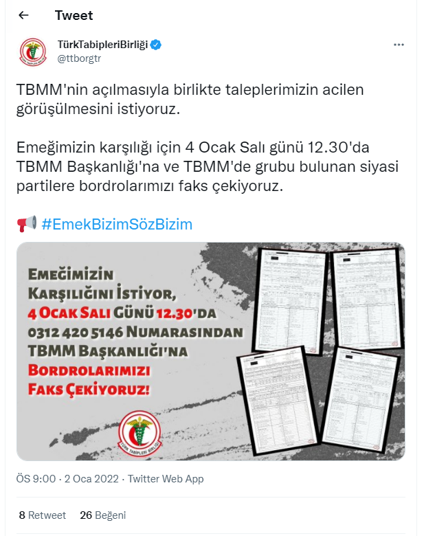 Türk Tabipleri Birliği'nden TBMM'ye bordrolu çağrı - Resim : 1