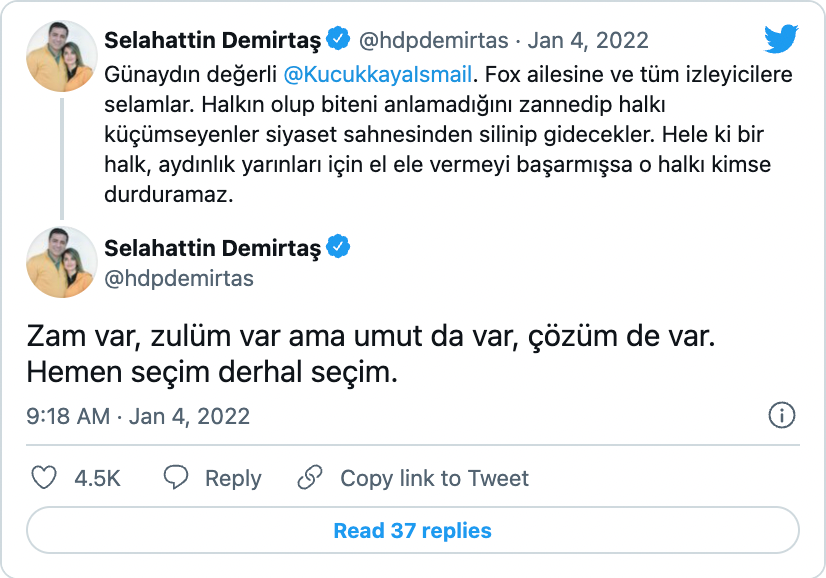 Selahattin Demirtaş, Twitter’dan FOX TV’ye 'bağlandı': Hemen seçim, derhal seçim - Resim : 1