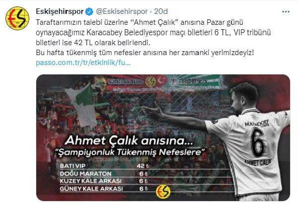 Eskişehirspor'dan biletlere Ahmet Çalık düzenlemesi: 'Tükenmiş tüm nefesler anısına her zamanki yerimizdeyiz' - Resim : 1