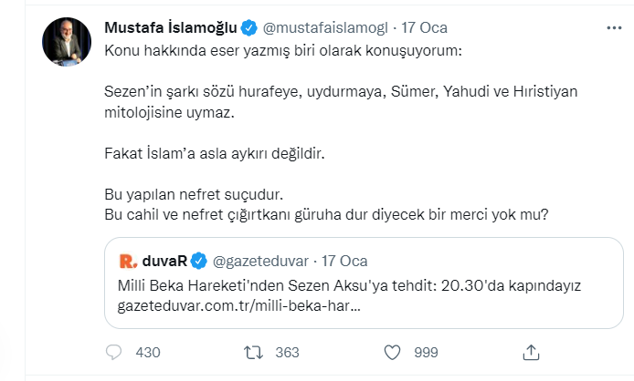 İlahiyatçı Mustafa İslamoğlu, Sezen Aksu'ya yapılanlara isyan etti: Mekke’de olsalar Rasulullah’ı lince yeltenen ‘kütle’nin içinde olurlardı - Resim : 1