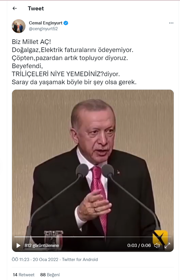 Cemal Enginyurt'tan Erdoğan'a 'trileçe' mesajı: Saray'da yaşamak böyle bir şey olsa gerek - Resim : 1